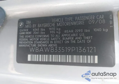 2009 BMW 328I from USA, damaged, VIN WBAWB33519P136121